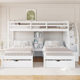 Wood Triple Bunk Bed with Storage Stairs and Drawers Twin Over Twin Over Twin Wooden Bunk Bed with Storage for 3 Kids