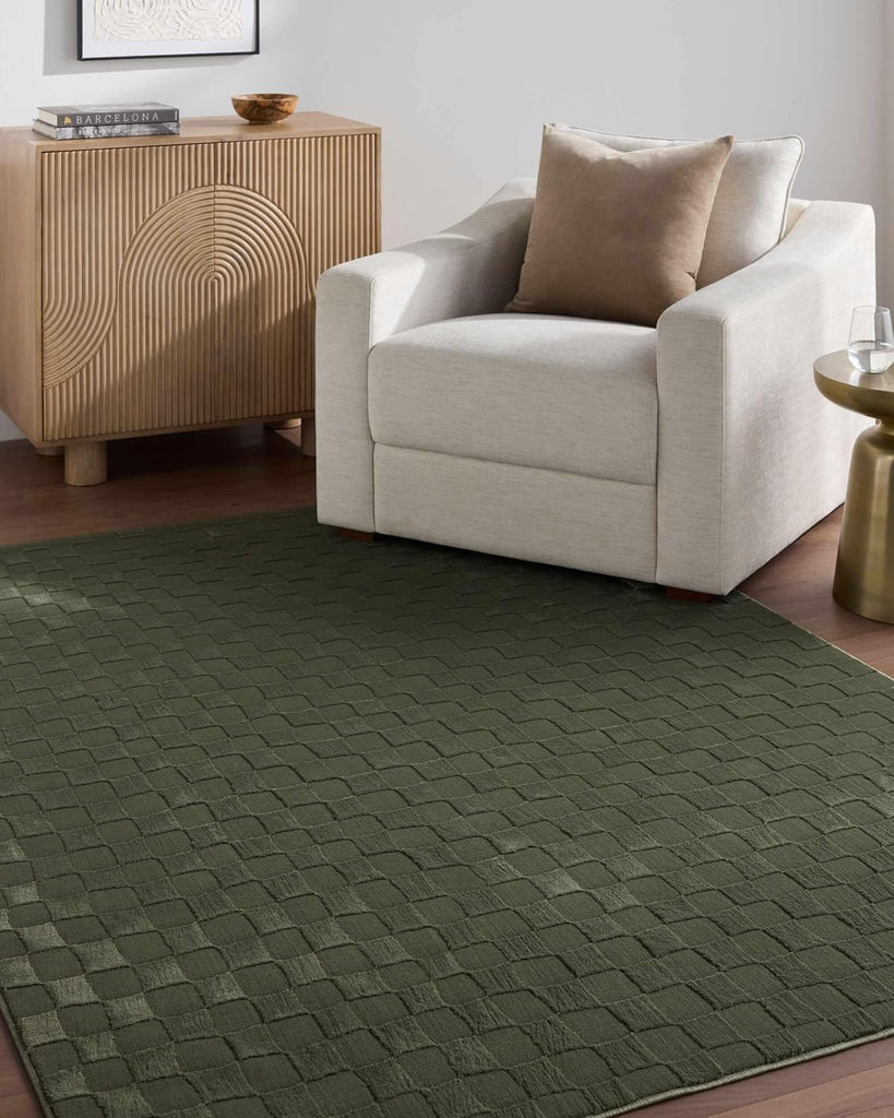 Renoir Living Room, Bedroom Machine Washable Area Rug - Checkered Geometric Square Tile - Olive Green, Sage Green