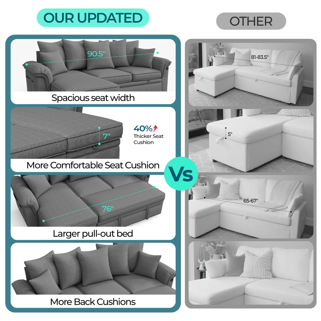 Sectional Couch with Pull Out Bed, Large Corduroy Modular Loveseat Sleeper Sofa, Wide Armrest, 62" 2 Seats Sectional
