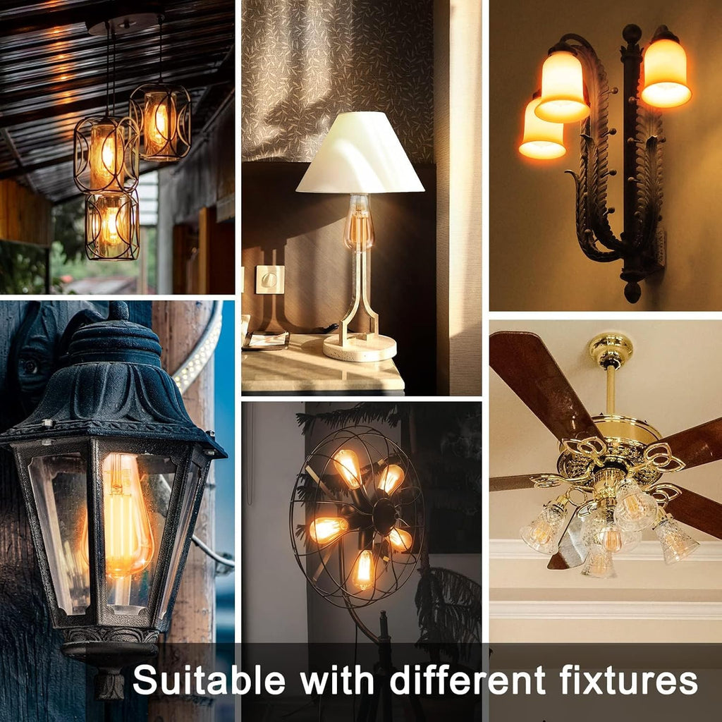 12 Pack Vintage LED Edison Amber Light Bulbs, 60W Equivalent, Dimmable, 8W, 800 Lumens, 2200K Soft White, ST58, E26