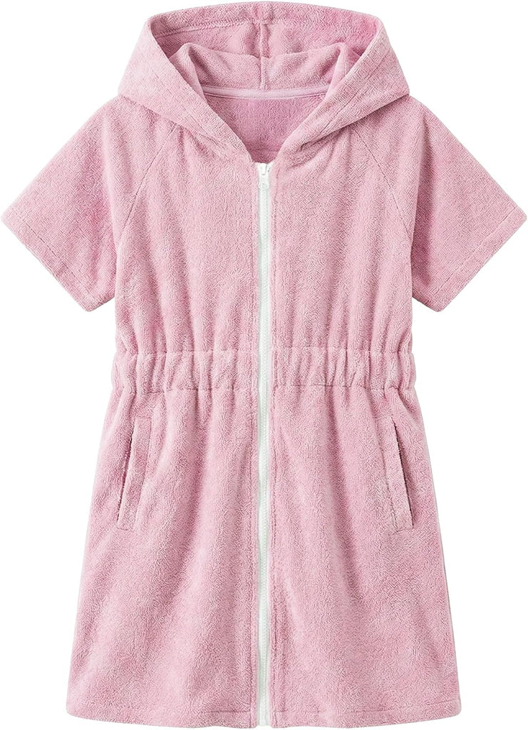 Girls Swim Cover Up Hooded with Zipper, Terry Cloth Quick Dry Absorbent Wrap After Swim Pool Beach