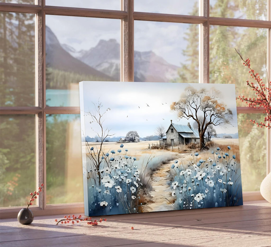 Framed Rustic Farmhouse Canvas Wall Art Beautiful Field Painting Wildflower Barn Print Nature Scenery Picture French