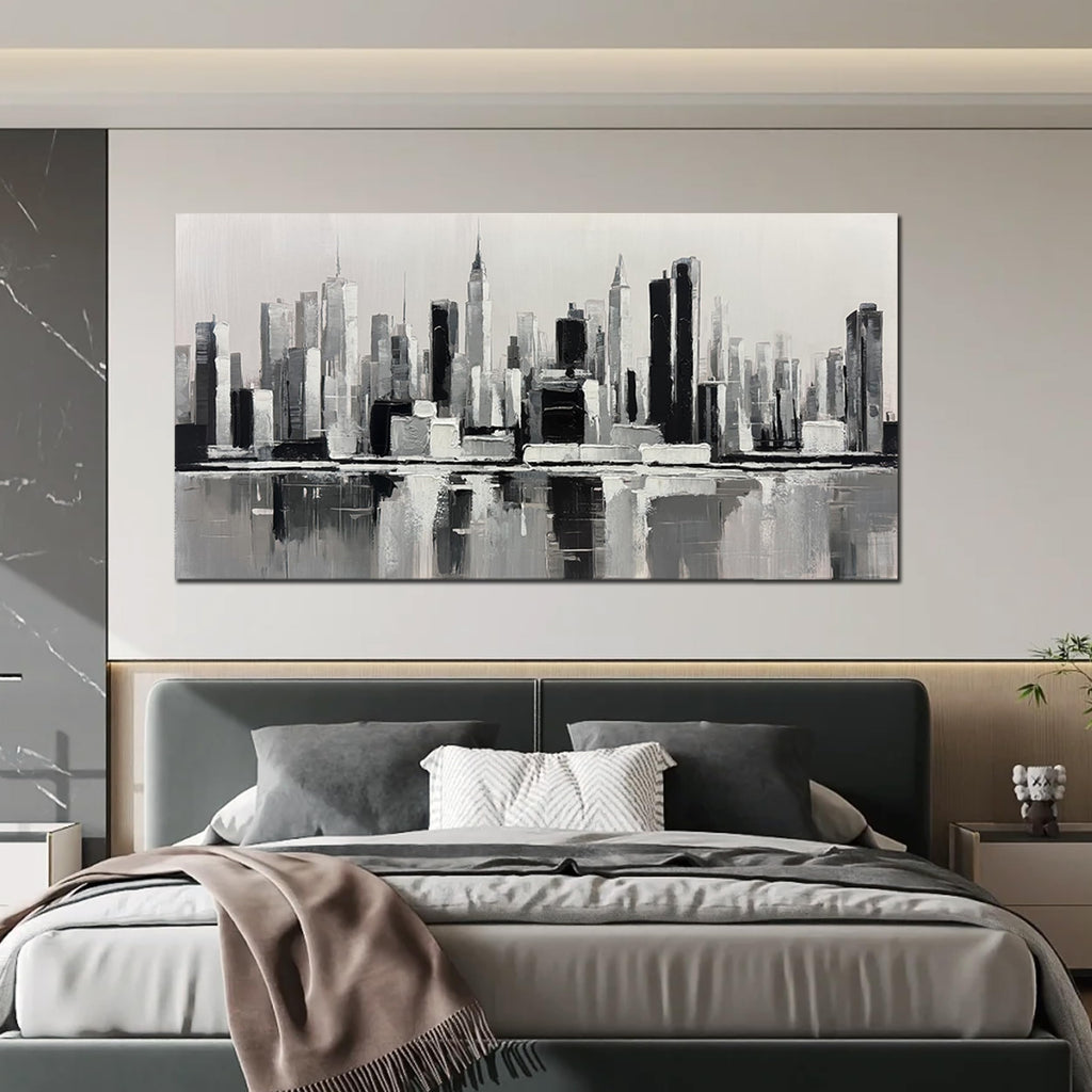 Black and White Wall Art New York City Textured Painting 29x58 Inch