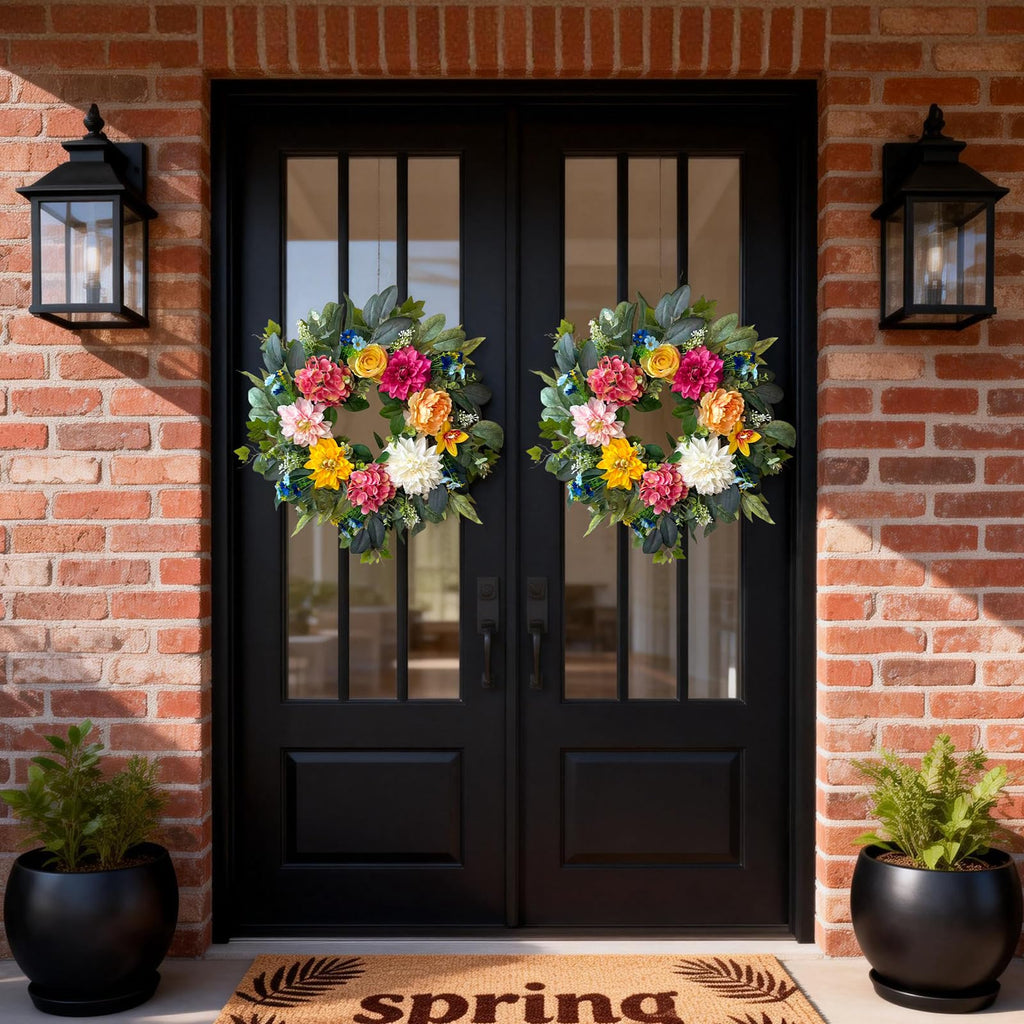 24 Inch Spring Wreaths for Front Door, Spring Wreaths, Spring Summer Door Wreaths with Yellow and Pink Dahlia Hydrangea