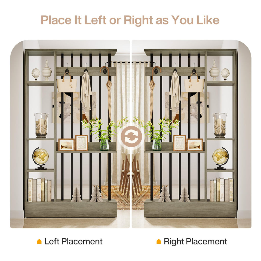 Wall Room Divider, Wood Freestanding Room Divider Bookcase with Shelves & Coat Hooks, 71" Modern Wall Partition