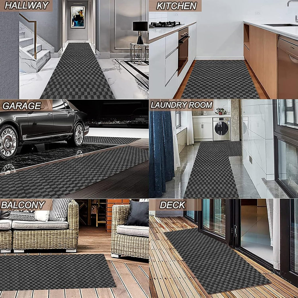 2' x 6' Runner Rugs with Rubber Backing, Indoor Outdoor Utility Carpet Runner Rugs, Checkered Gray, Can Be Used as