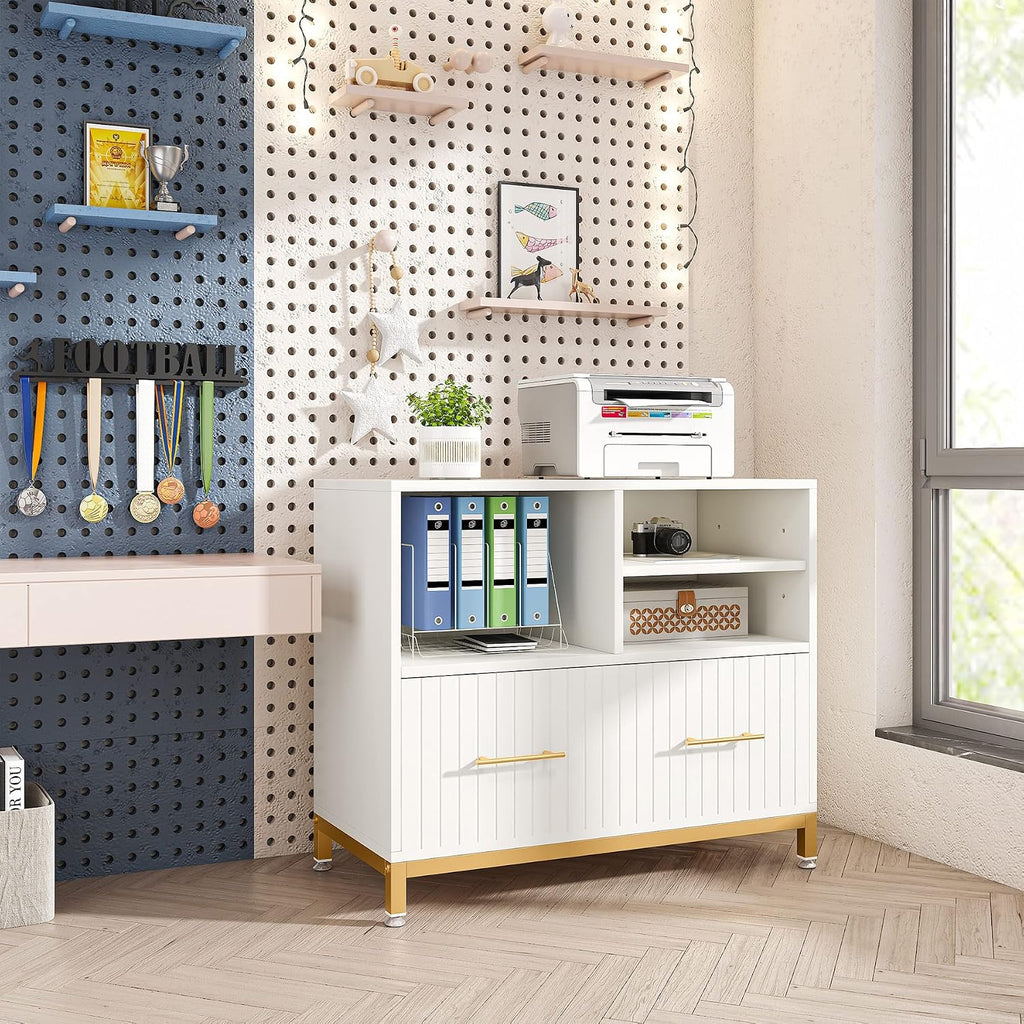 Lateral File Cabinet with Drawer, White Filing Cabinet for Letter/Legal/A4 Size Files, 35.4" Modern Wood File Storage