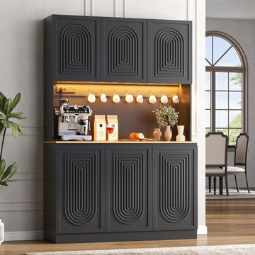 71" Kitchen Pantry with Power Outlet & LED Light, Large Kitchen Hutch Cabinet with Adjustable Shelf, Modern Buffet