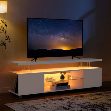 White TV Stand for 60" TV, LED Entertainment Center with Storage