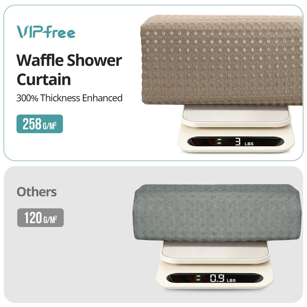 3 in 1 Waffle Shower Curtain & Liner Set, 258 GSM Heavy Duty Fabric, 12 Hooks, Weighted Hem, Water Repellent