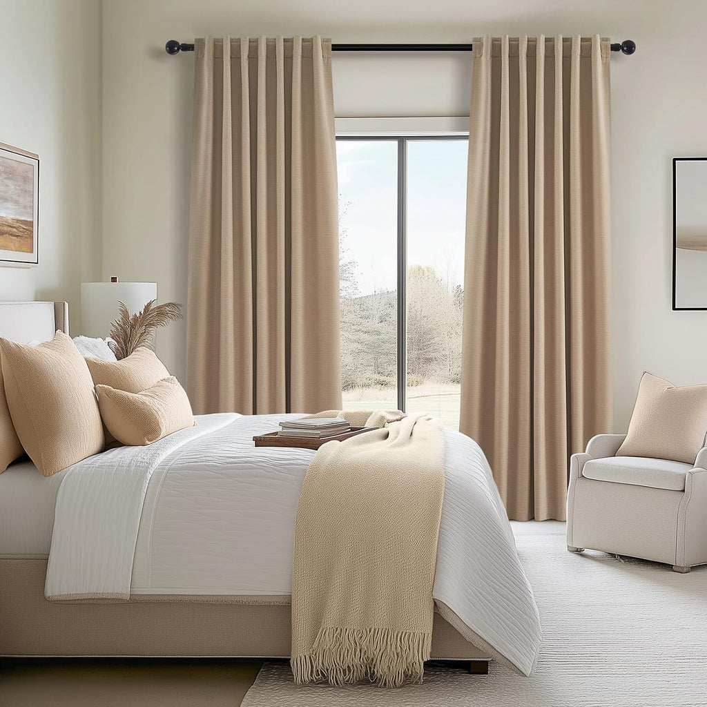 Light Taupe Blackout Textured 90 Inch Long Linen Blend Curtain Draperies Pinch Pleat Back Tab with Hooks Energy