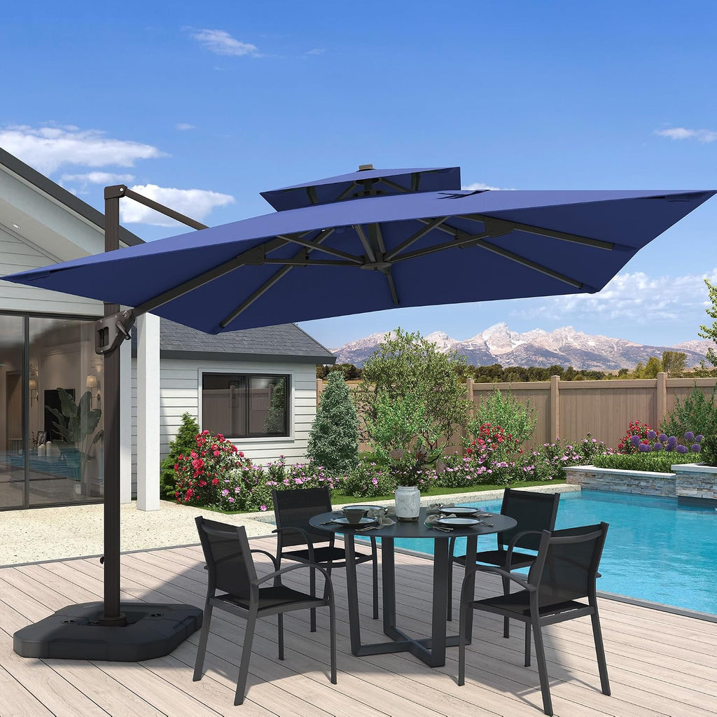 10x10 FT Cantilever Patio Umbrella with Base Included Double Top Outdoor Square Large Heavy Duty Aluminum Offset