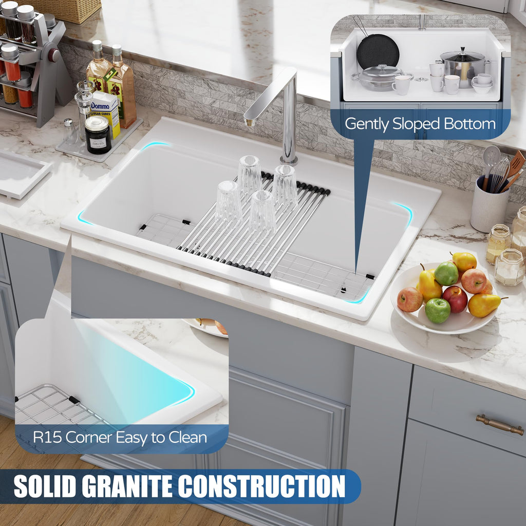 33 White Fireclay Workstation, Drop In Porcelain Ceramic 33x22 inch White Sink Ledge Accessories Above Counter Single