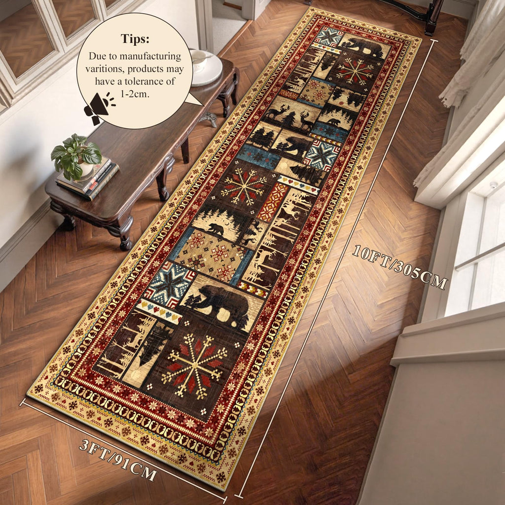Hallway Runner Rug, Non Slip Washable Western Cabin Bear Rugs