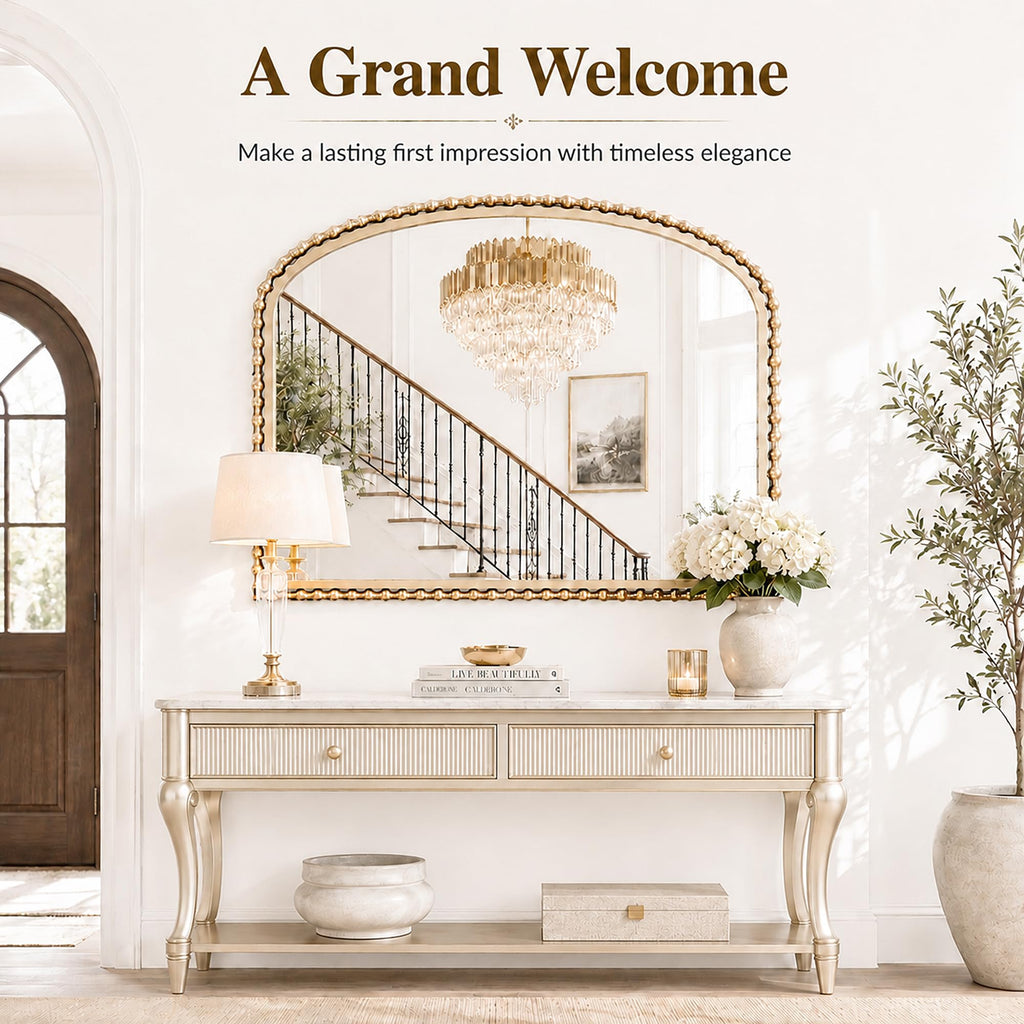 40"x30" Wide Arch Wall Mirror, Antique Gold Bold Beaded Frame