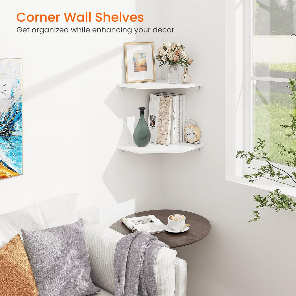 Corner Shelf Wall Mount, Set of 2 Corner Floating Shelves with Cord Hole for Speaker, Cable Box, 2 Tier Wood Hanging