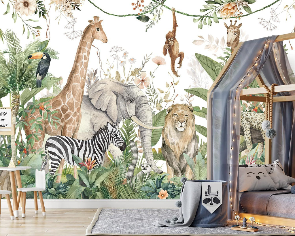 Kids Room Jungle Wall Mural, Safari Animals Rainforest Wallpaper Mural , Kindergarten, Living Room, Nursery Room