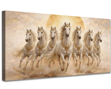 Seven Lucky Running Wild Horses Canvas Wall Art Decor, Gold and Cream White Horse Picture Painting, Framed Artwork &
