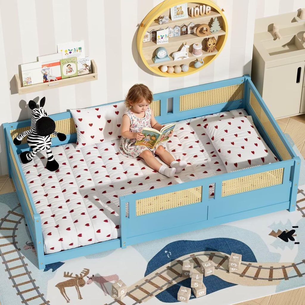 Floor Bed with PE Rattan High Fence, Wood Montessori Bed Frame with Slats for Children Girls Boys, Sky