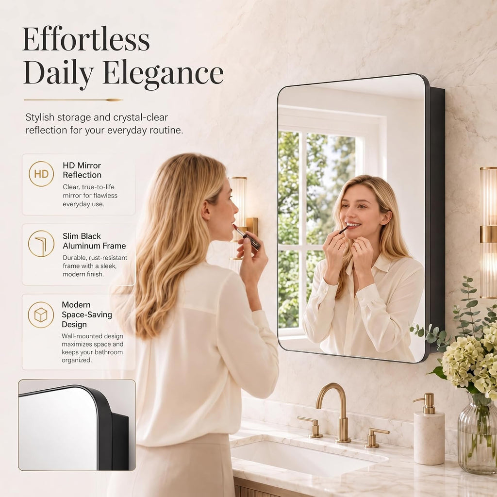 16x24 Black Medicine Cabinet with Mirror, Recessed & Surface Mount | Bathroom mirror with storage: 6 adjustable