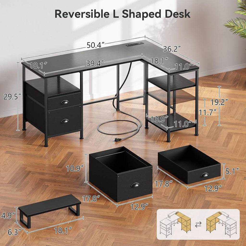 50 Inch L Shaped Gaming Desk with Power Outlet and Drawers, Black | Reversible Computer Corner Design,Fabric File