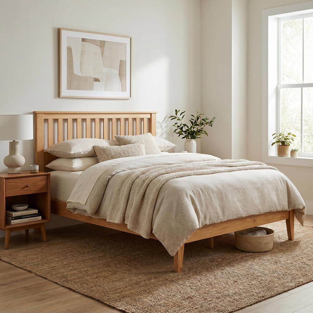 Wood Platform Bed - Pine, Queen, Bed & Mission-Style Headboard