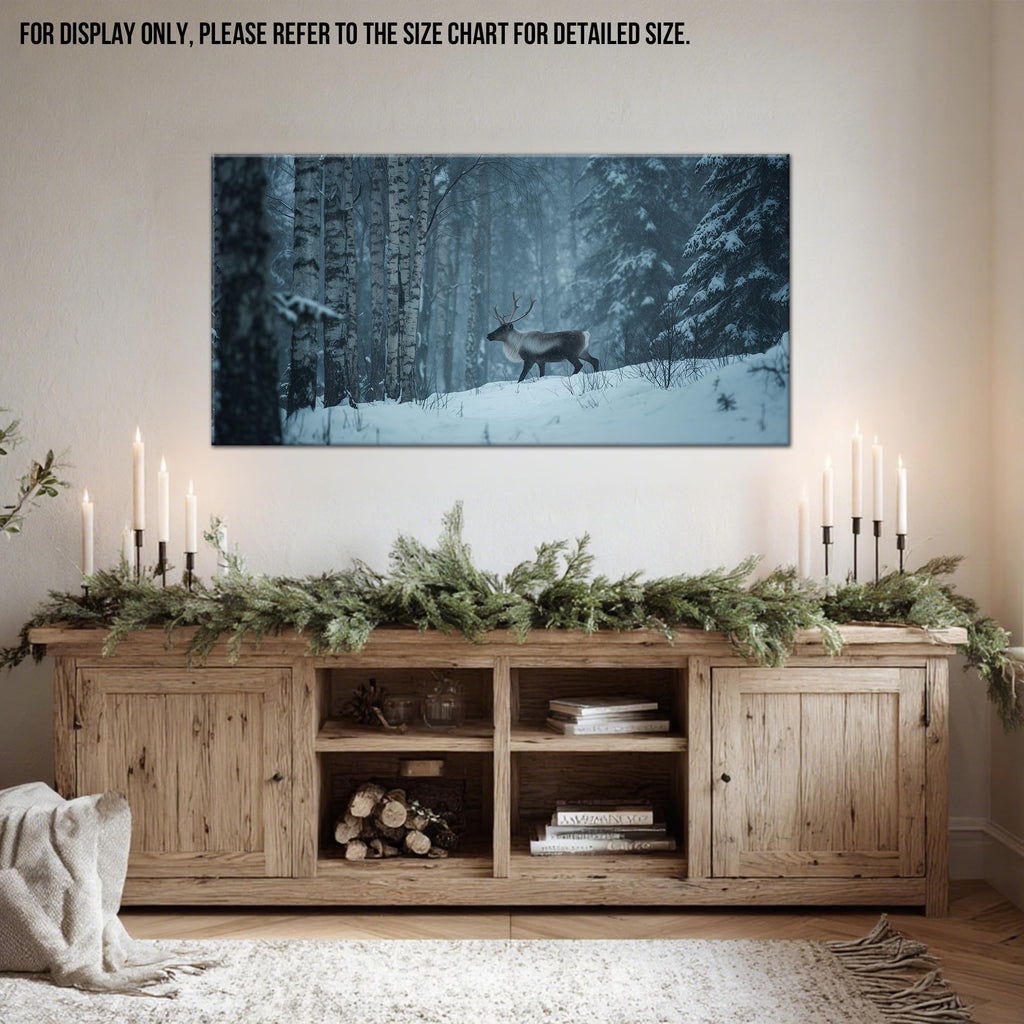 Winter Wall Art Natural Animal Canvas Prints, Rustic Reindeer Painting Christmas Pictures Monochrome Woodland Snow