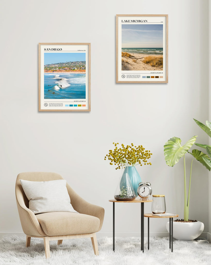 Natural OAK Wood Lake Michigan Framed Wall Art, 12x16in Natural Scenery Canvas Wall Print, Classic Urban City Landmark