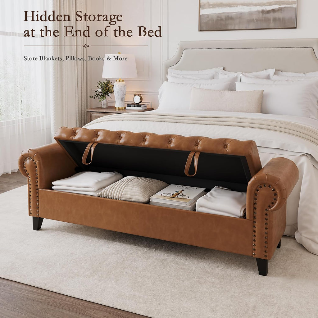 67 Inch Faux Leather Storage Bench with Rolled Arms, Chesterfield Tufted Ottoman Bench with Nailhead Trim