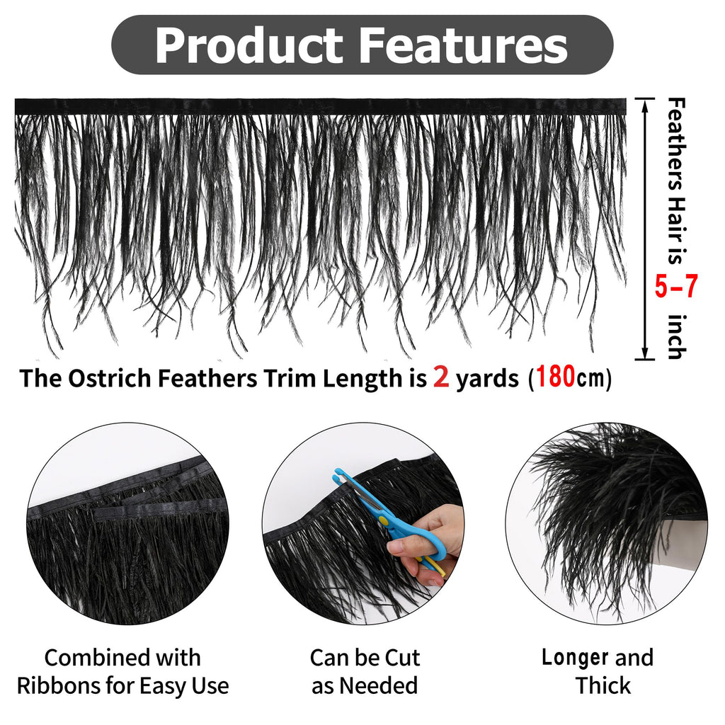 5-7inch Black Ostrich Feather Trim for DIY Sewing Clothing,2Yards