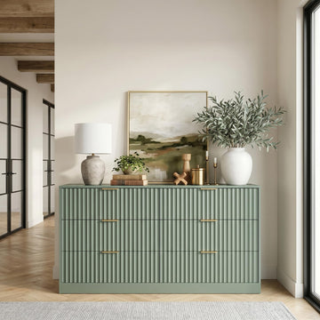 Green 6 Drawer Dresser, 55" Wide Modern Fluted Dresser with Gold Metal Handles, Chest of Drawers