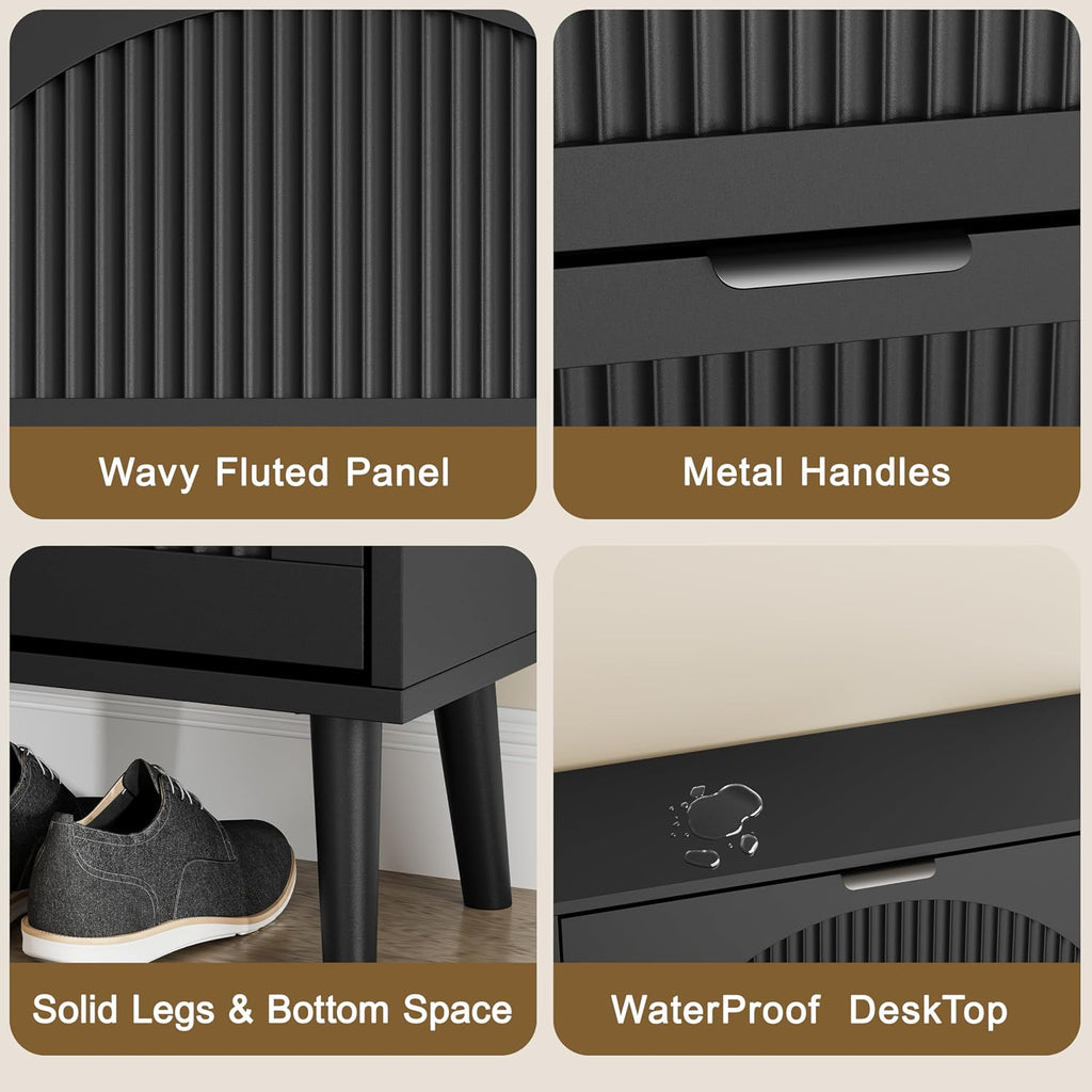 Shoe Storage Cabinet with 2 Flip Drawers, Narrow Wood Shoe Organizer Cabinet with Fluted Panel, Slim Shoe Rack