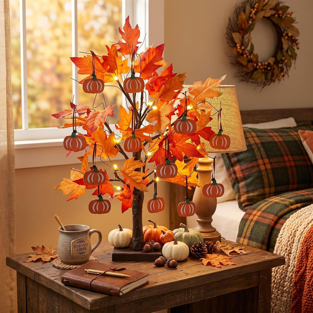 Fall Decorations, Thanksgiving Decorations, 24"2FT Lighted Maple Leaves Tree with 24 LEDs & 12 Wood Pumpkin