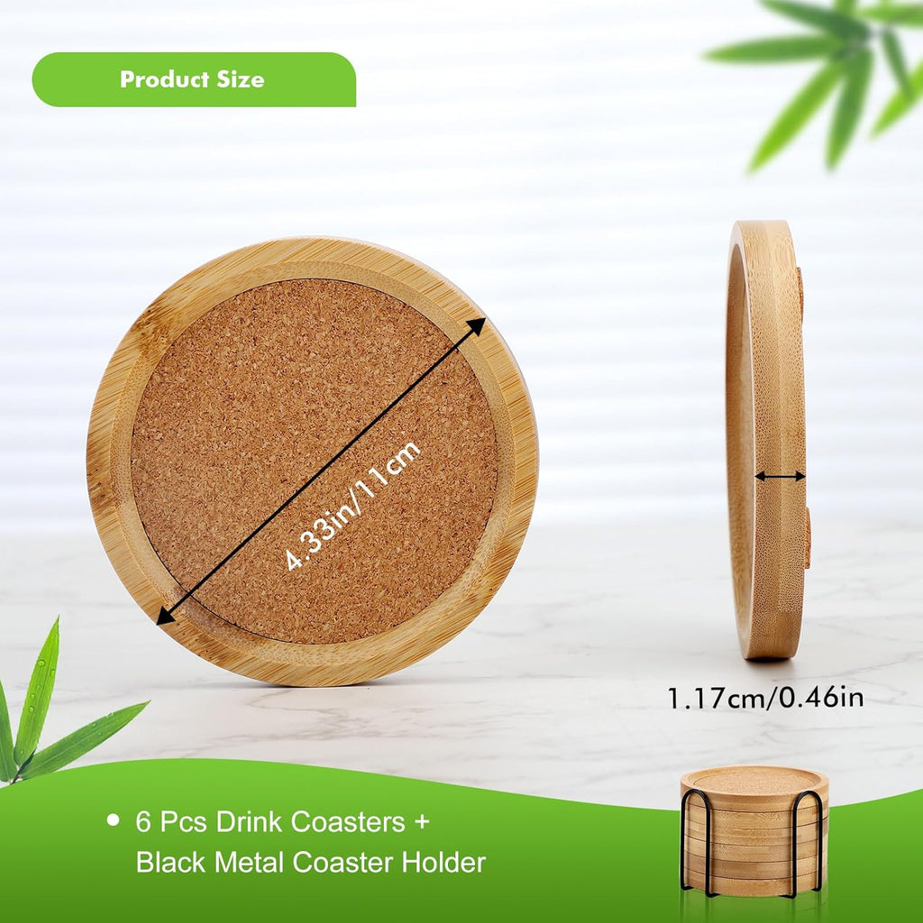 Bamboo Cork Coasters for Drinks Absorbent with Holder, Bamboo Coasters for Drinks Coaster Sets Rustic - Set of 6