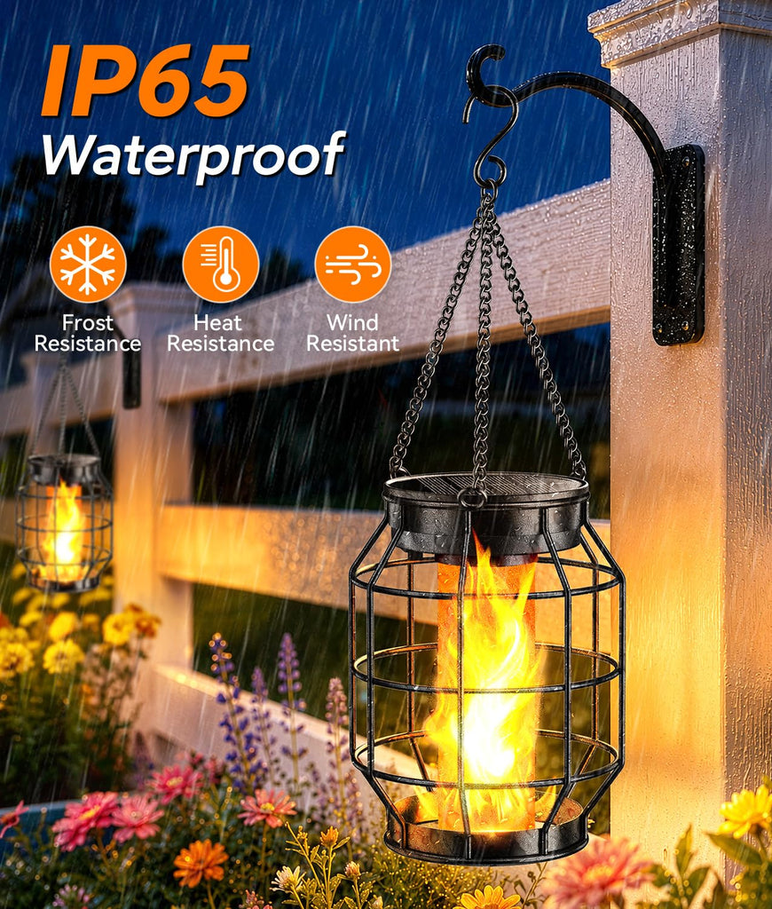 Solar Lanterns Outdoor Waterproof, 4 Pack Upgraded Flickering Flame Hanging Solar Lights Outdoor Decorative, Metal