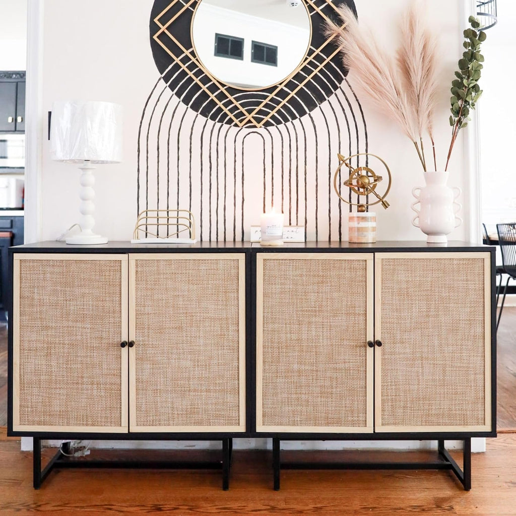 Kova Rattan Wood Accent Sideboard Storage Cabinet with Matte Metal Frame, Adjustable Interior Shelves and Cane Doors