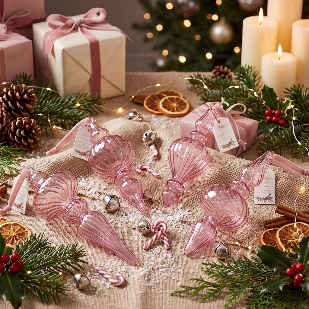 Vintage Glass Finial Christmas Ornaments, Pink - Set of 12