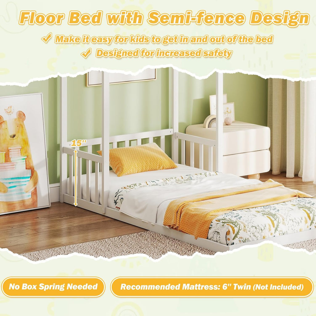 House Bed, Montessori Floor Bed with House Shape Roof & Semi-Fence, Solid Wood Bed Frame Without Slats, Low