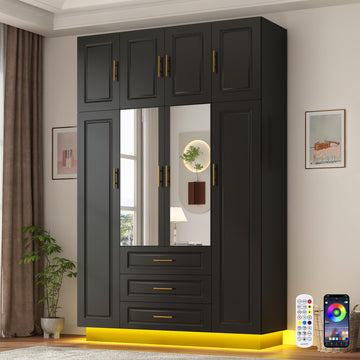 Large Armoire Wardrobe Closet Cabinet with Drawers and LED Lights, Multi-Tier Shelves, Hanging Rod, Large Capacity