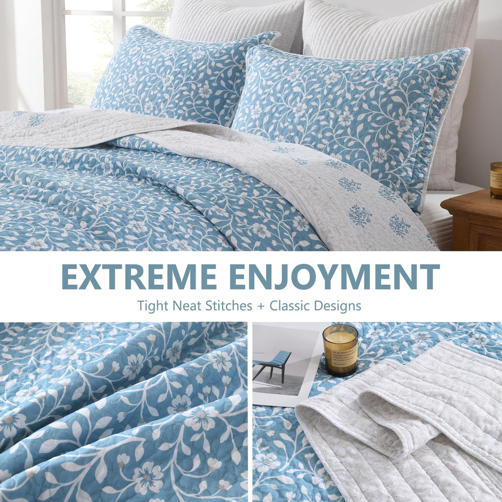 100% Cotton Quilt Set - Floral Quilted Comforter, Reversible Botanical Farmhouse Quilt Bedspread