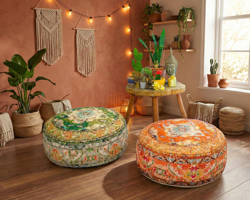 Colorful Pouf Cover Orange Round Orange Floor Pillow Seating Area Stool Boho Room Décor Accent Furniture Cotton 24x8