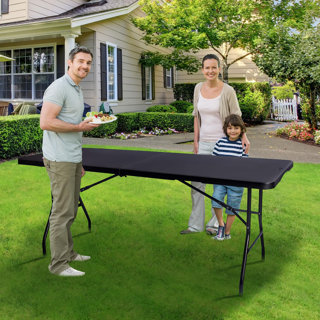 Folding Table 6ft, Heavy Duty Plastic Fold-in-Half Utility Table, Black