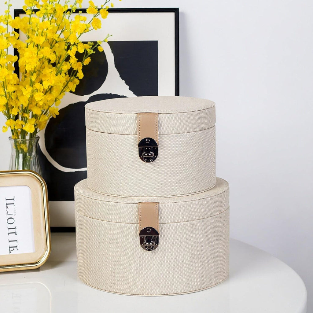 Round White Faux Leather Decorative Boxes with Lid Decor - Set of 2