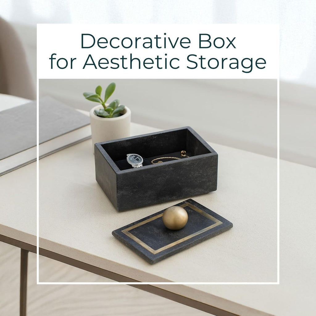 Decorative Rectangular Box with Knob - Marble & Metal Modern Decorative Box Decor - Jewelry, Keepsakes, Accent Table