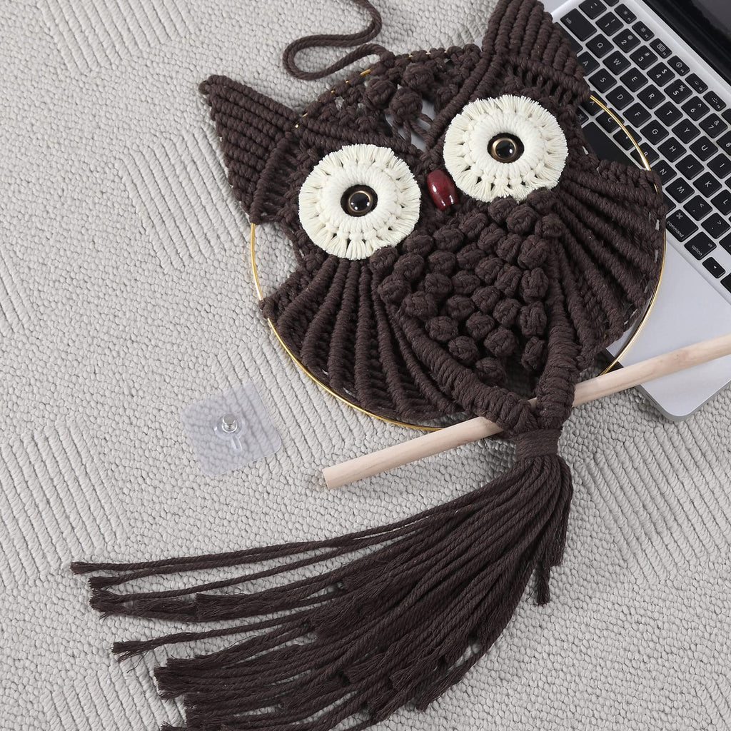 Owl Chocolate Cotton Macrame Wall Hanging Tapestry Home Decor Art and Bronze Craft Wonderful Decoration Woven Boho