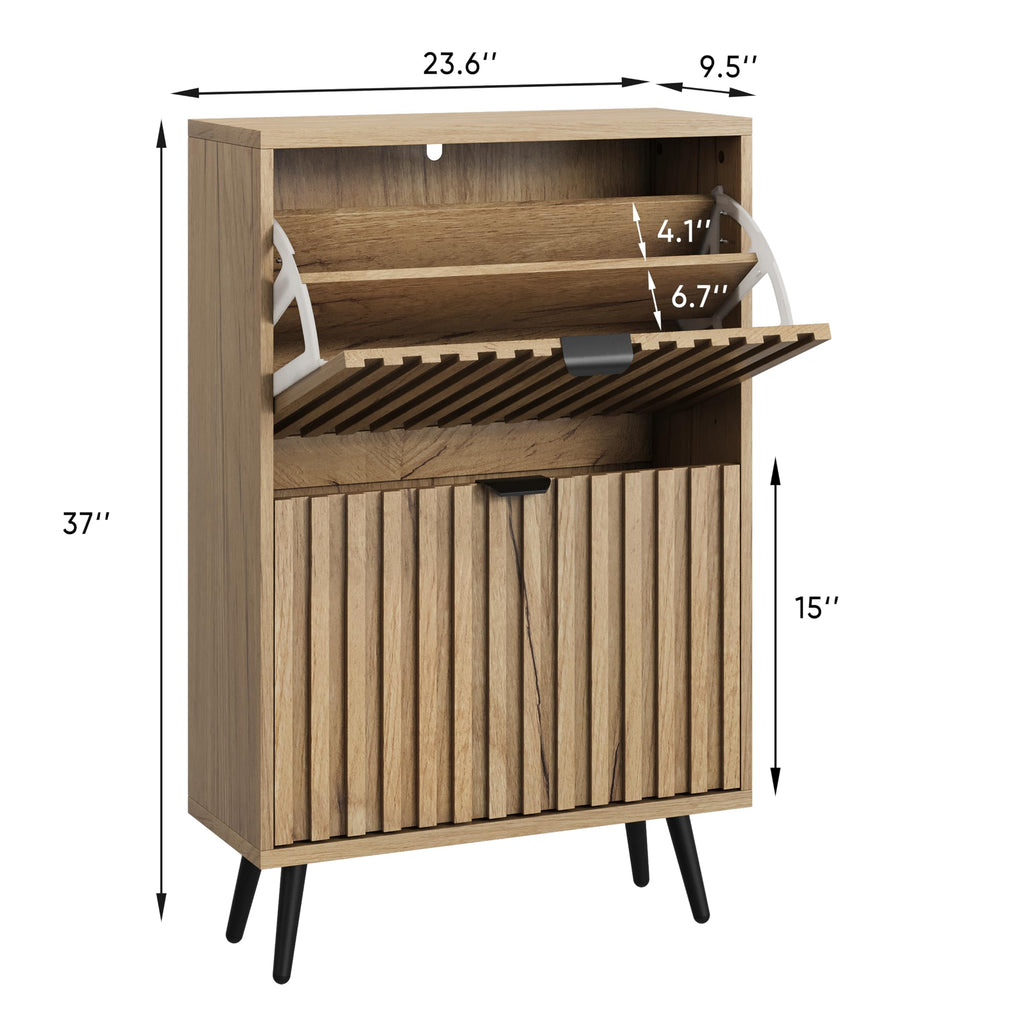 Shoe Cabinet with 2 Flip Drawers, 23.6" Natural Hidden Shoe Storage Cabinet with Fluted Design, Freestanding Shoe