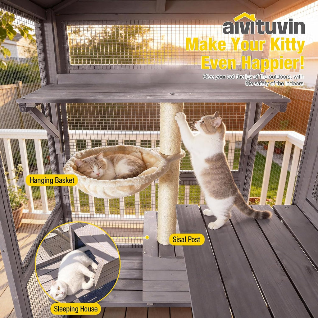 Catio Outdoor Cat Enclosure with 7 Platforms, 2 Resting Boxes, Large Window Cat House for 4-6 Mulitiple Cats Walk