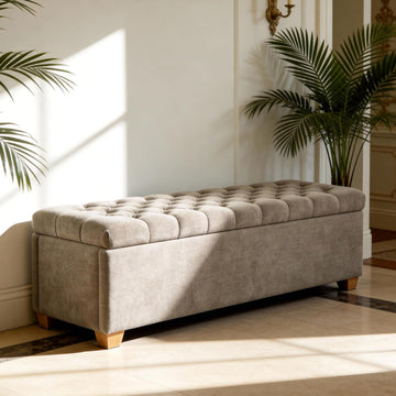 60.2'' W Storage Ottoman Bench, Chenille Upholstered Ottoman with Storage, End of Bed Storage Bench with Wood Legs