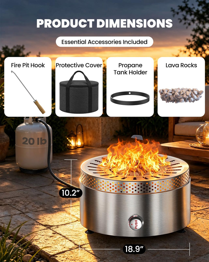 19" Outdoor Propane Fire Pit with Wind Shield, Stainless Steel