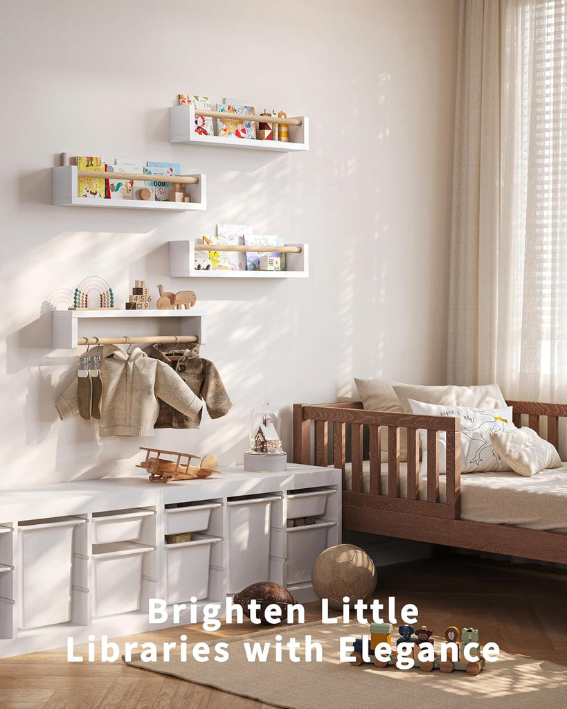 Nursery Book Shelves, 4 Pack, Wall Book Shelves for Kids Room, Baby, Toddler, Nursery Decor (White Wood, 16.5 Inches)